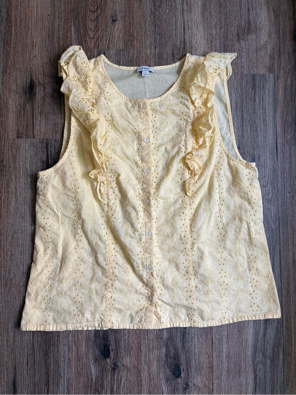 J Crew 100% Cotton Ruffle Eyelet Button Down Sleeveless Blouse Women’s L Yellow